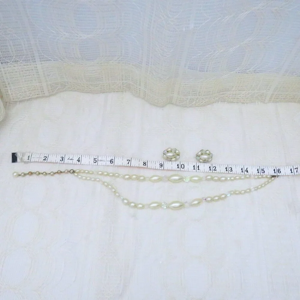 Vintage Necklace and Earring Set Women Faux Pearl and Crystal Glamorous Evening